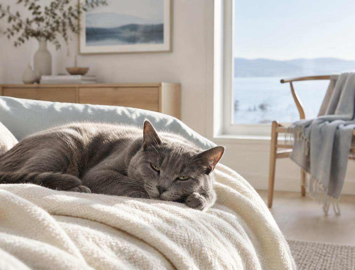 A grey cat resting in a quiet sunlit room